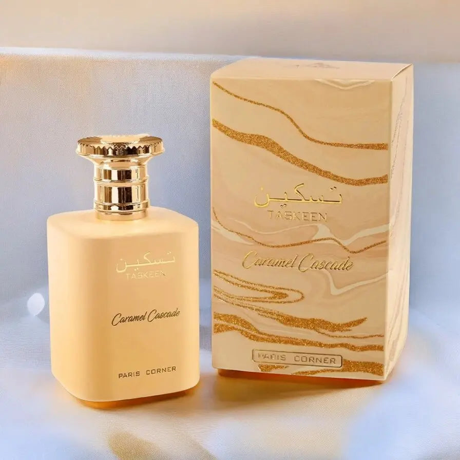 Flacon du parfum Taskeen Caramel Cascade de Paris Corner, un parfum unisexe gourmand de 100 ml.
